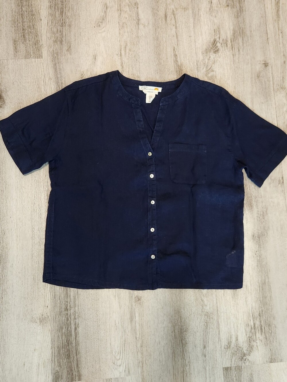 C&C California 100%Linen Women's Navy Blue Short-Sleeve  Blouse